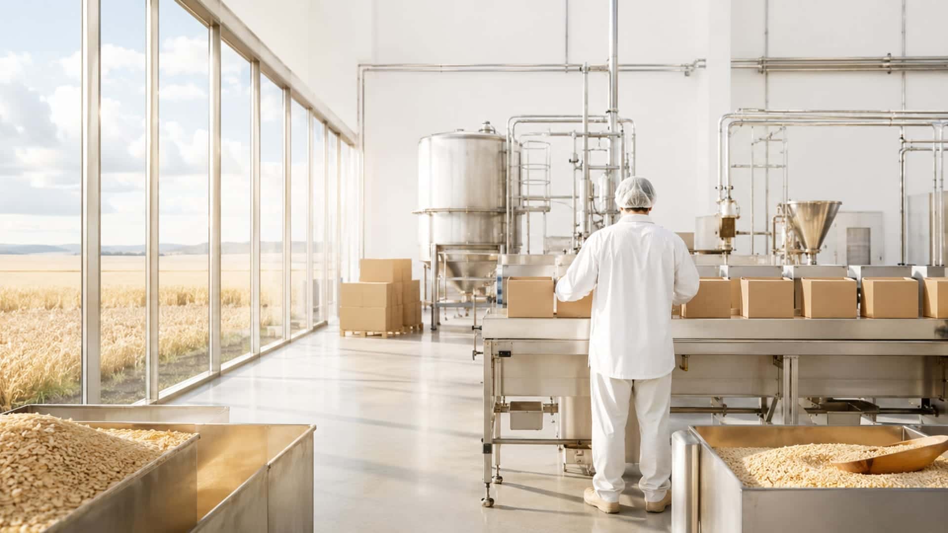 Bright packing hall with a floor-to-ceiling glass wall; a golden oat field outside under a morning sky, one worker at a clean packing line