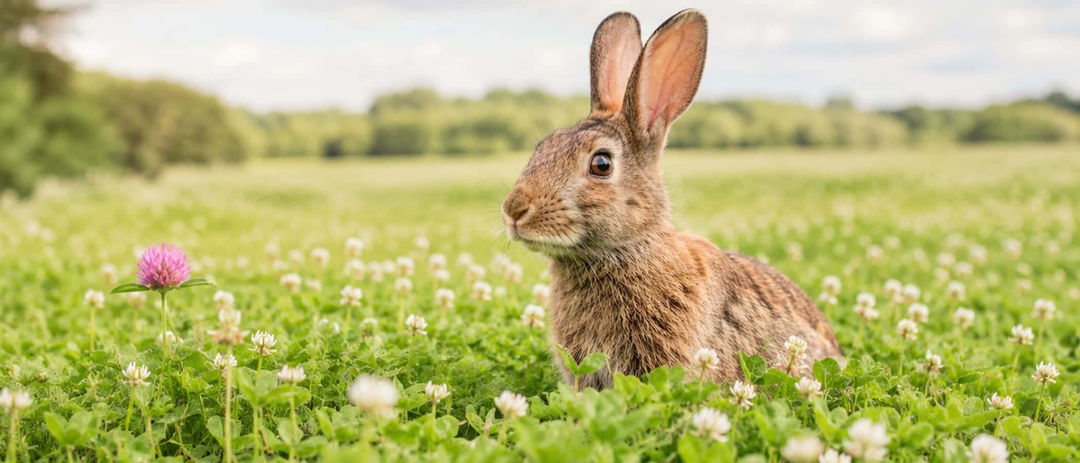 A rabbit sitting alert in a clover meadow in soft morning light, ears up, green all around.