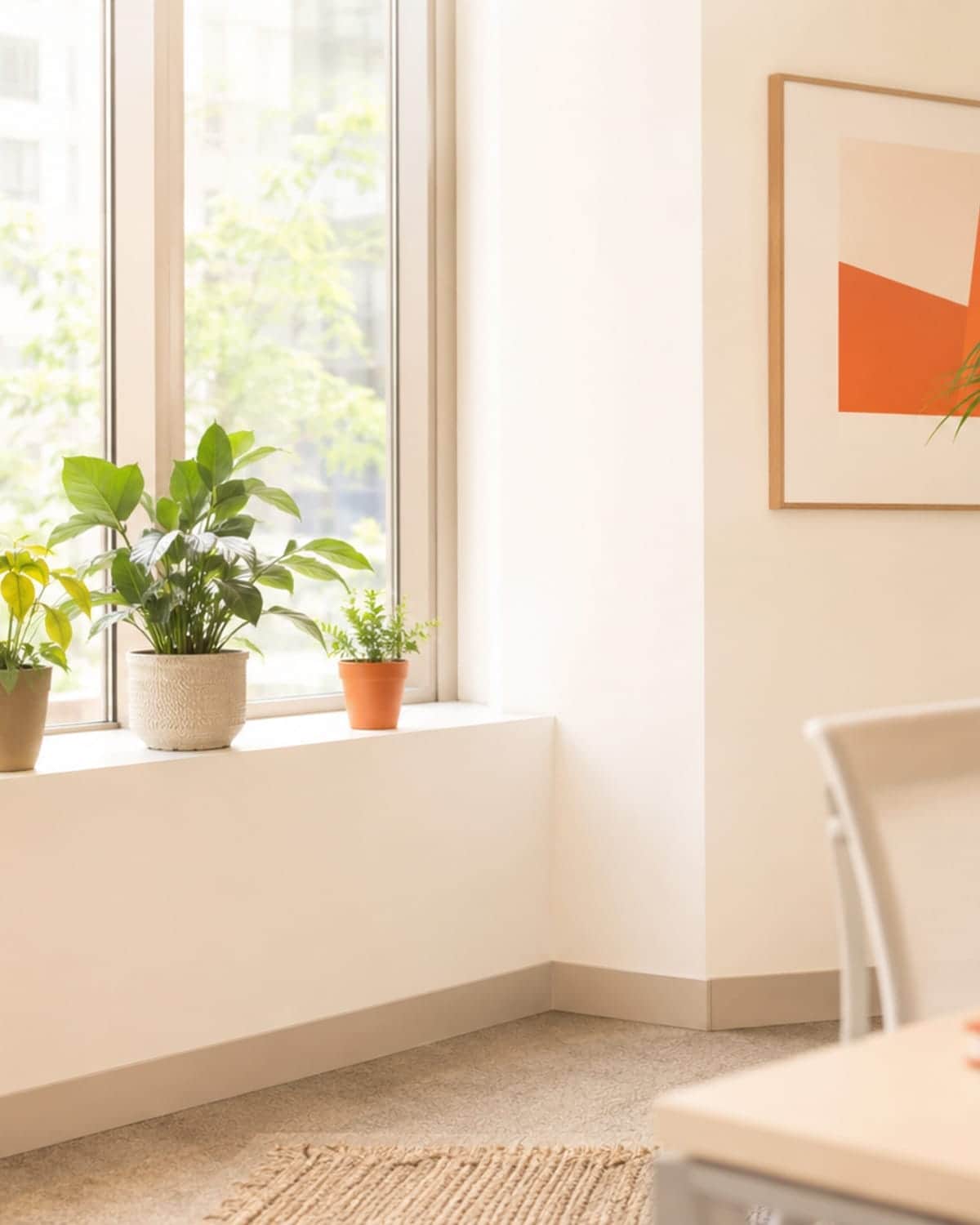 Bright office corner with plants on the windowsill in full daylight