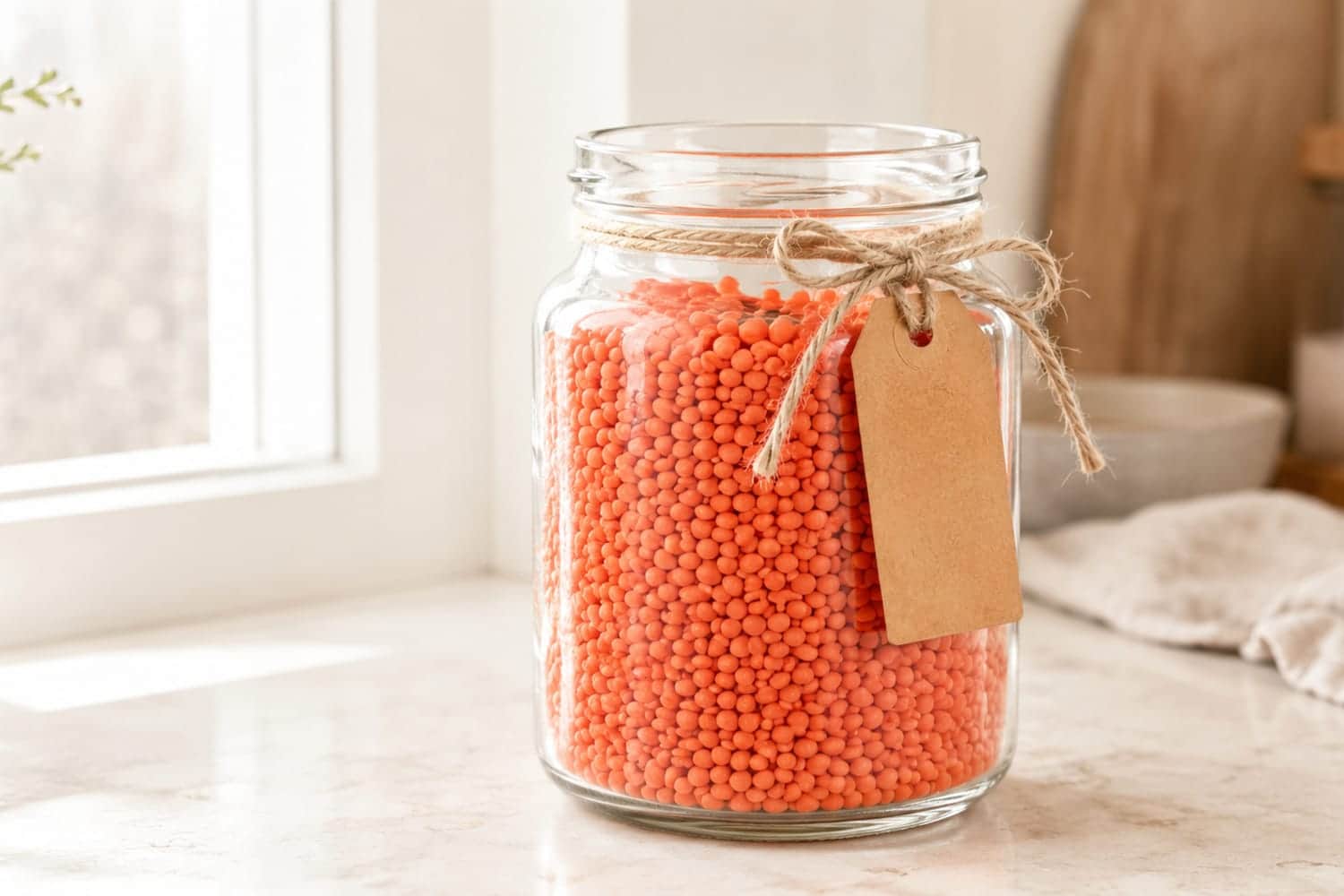 Glass jar of red lentils with a blank kraft label