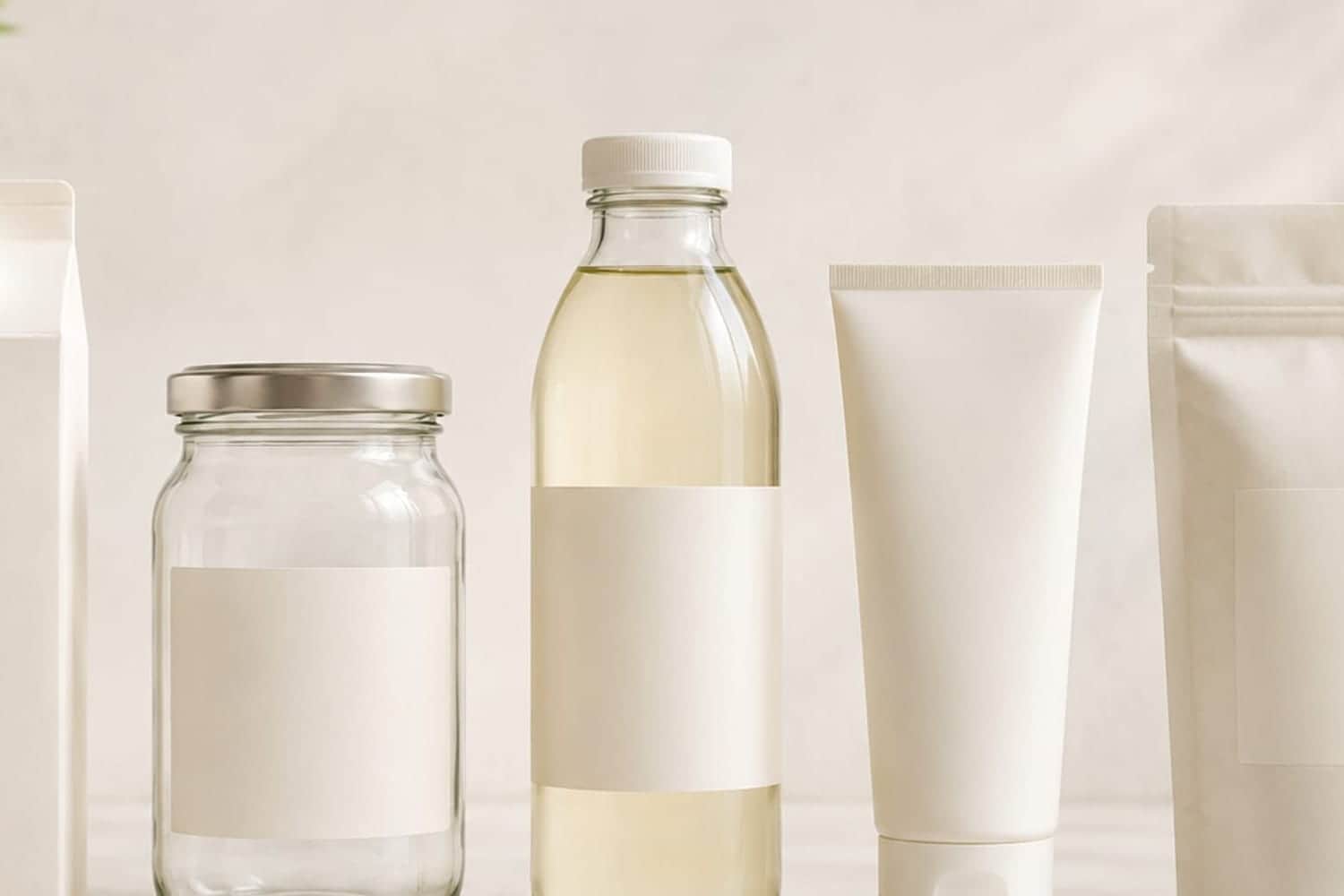 Row of blank packaging containers on a bright counter