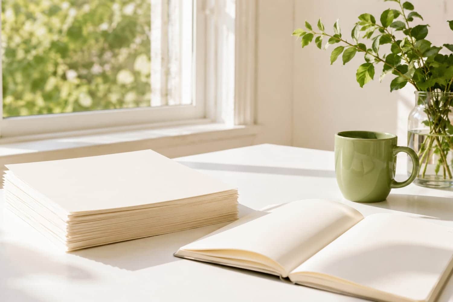 Stack of blank review documents on a bright desk