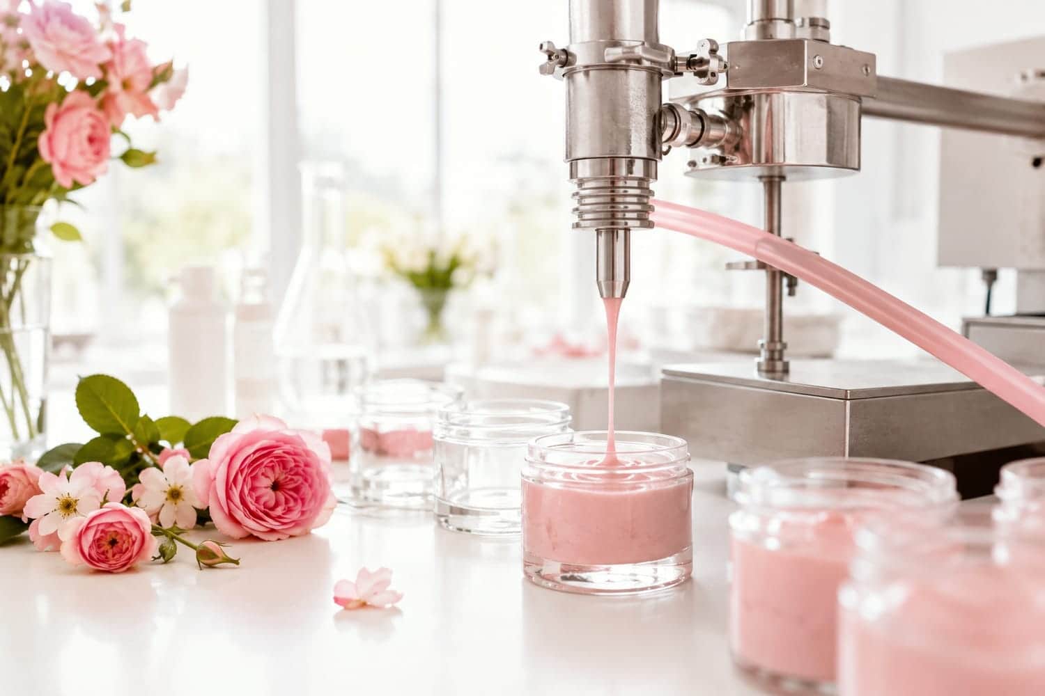 Rose-pink emulsion being filled into glass jars beside fresh cut flowers in a white daylight lab suite