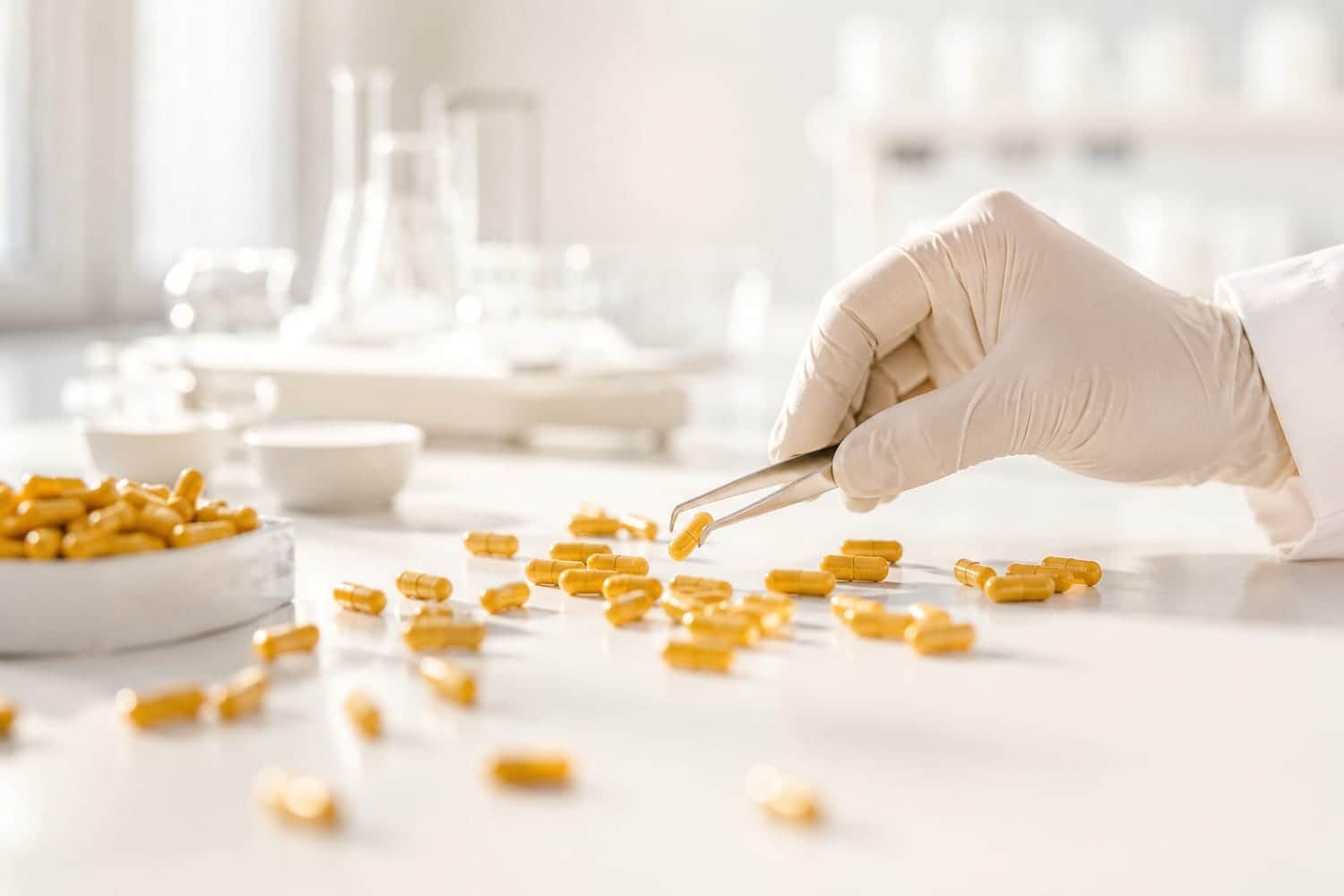 Amber and turmeric-colored capsules spread on a white QC bench, a gloved hand with tweezers in bright even light