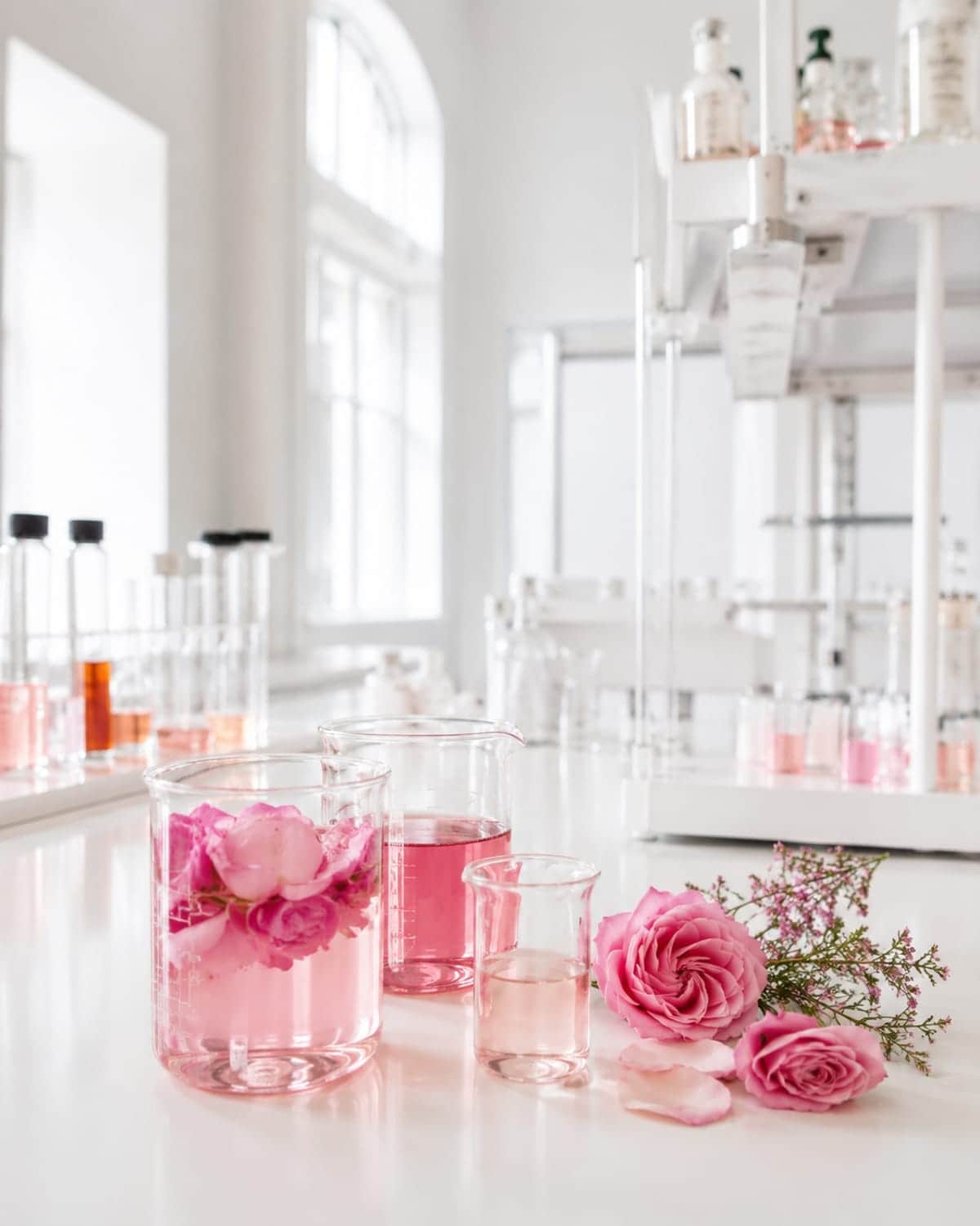 A bright cosmetics formulation bench with glass beakers of pink botanical infusion beside fresh flowers.