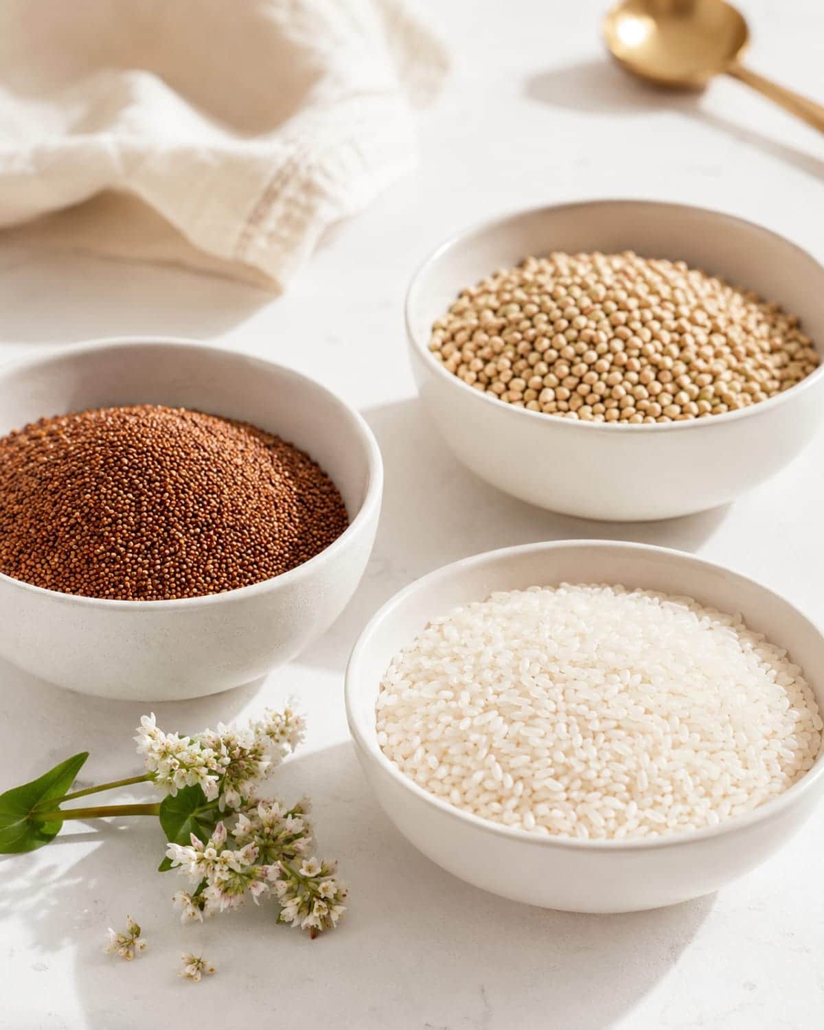 Vivid gluten-free grains — teff, buckwheat and rice — in white bowls on a bright white bench.
