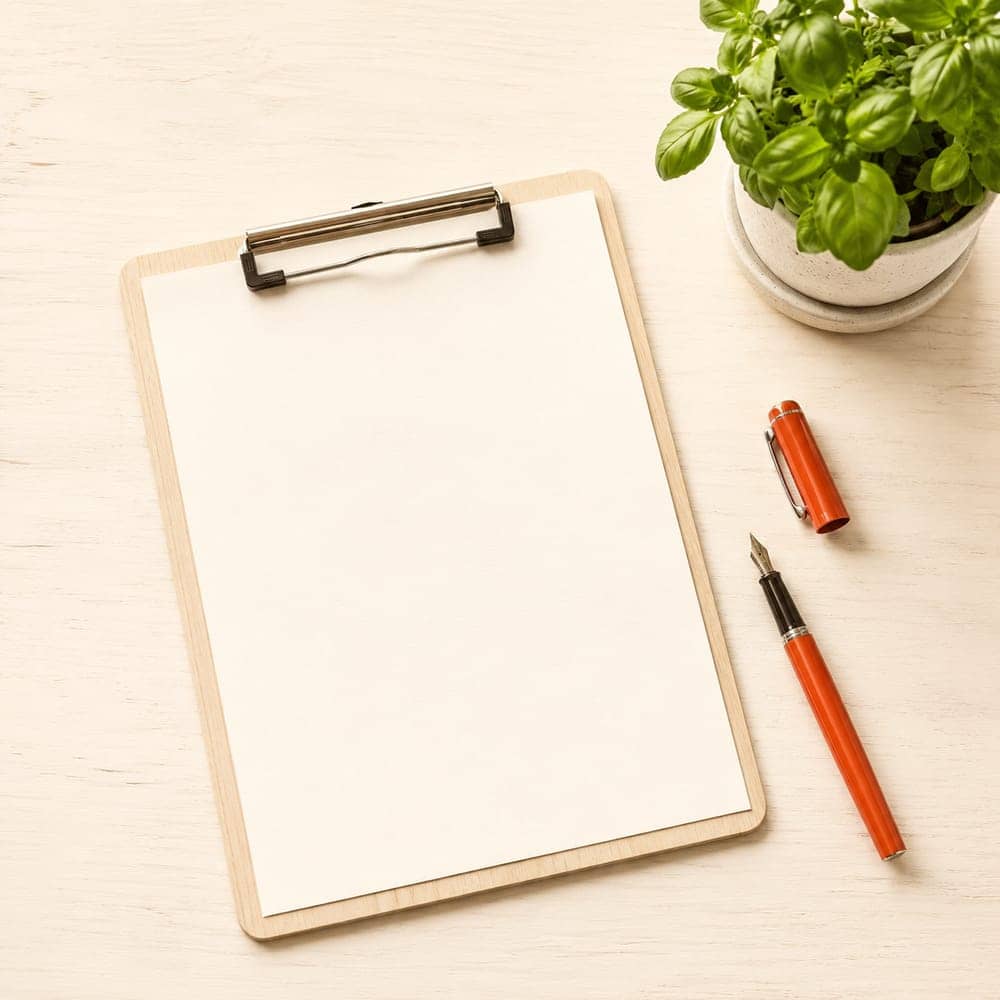 Blank fee worksheet on a clipboard beside a fountain pen.