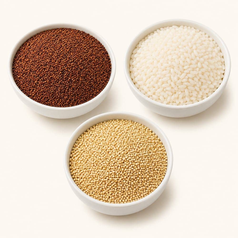 Teff, rice and quinoa in three small bowls on a seamless warm cream background.