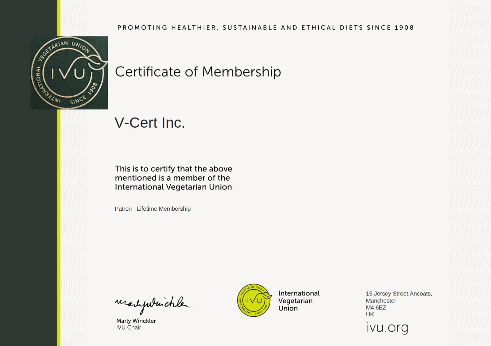 IVU Certificate of Membership issued to V-Cert Inc., Patron — Lifetime Membership, signed by the Chair of the International Vegetarian Union.