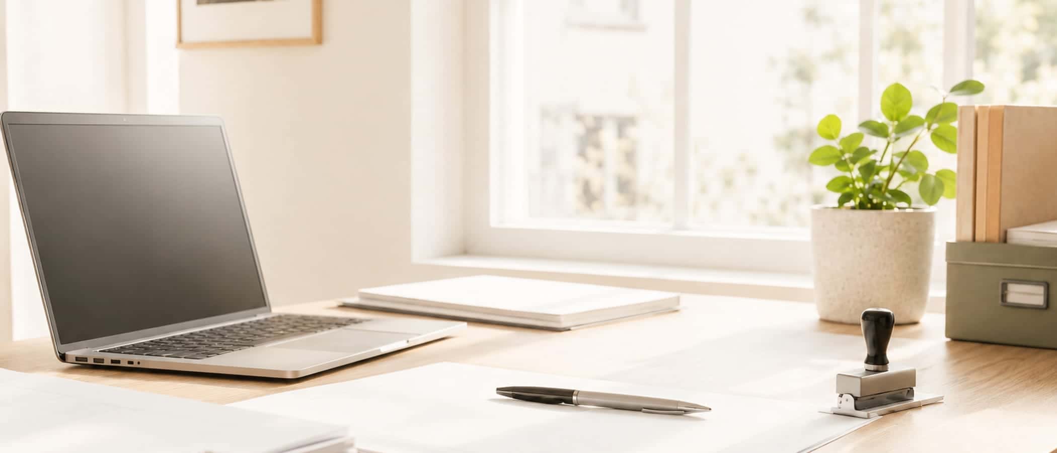 A tidy review desk at a bright window — documents, a stamp and a laptop in warm morning light