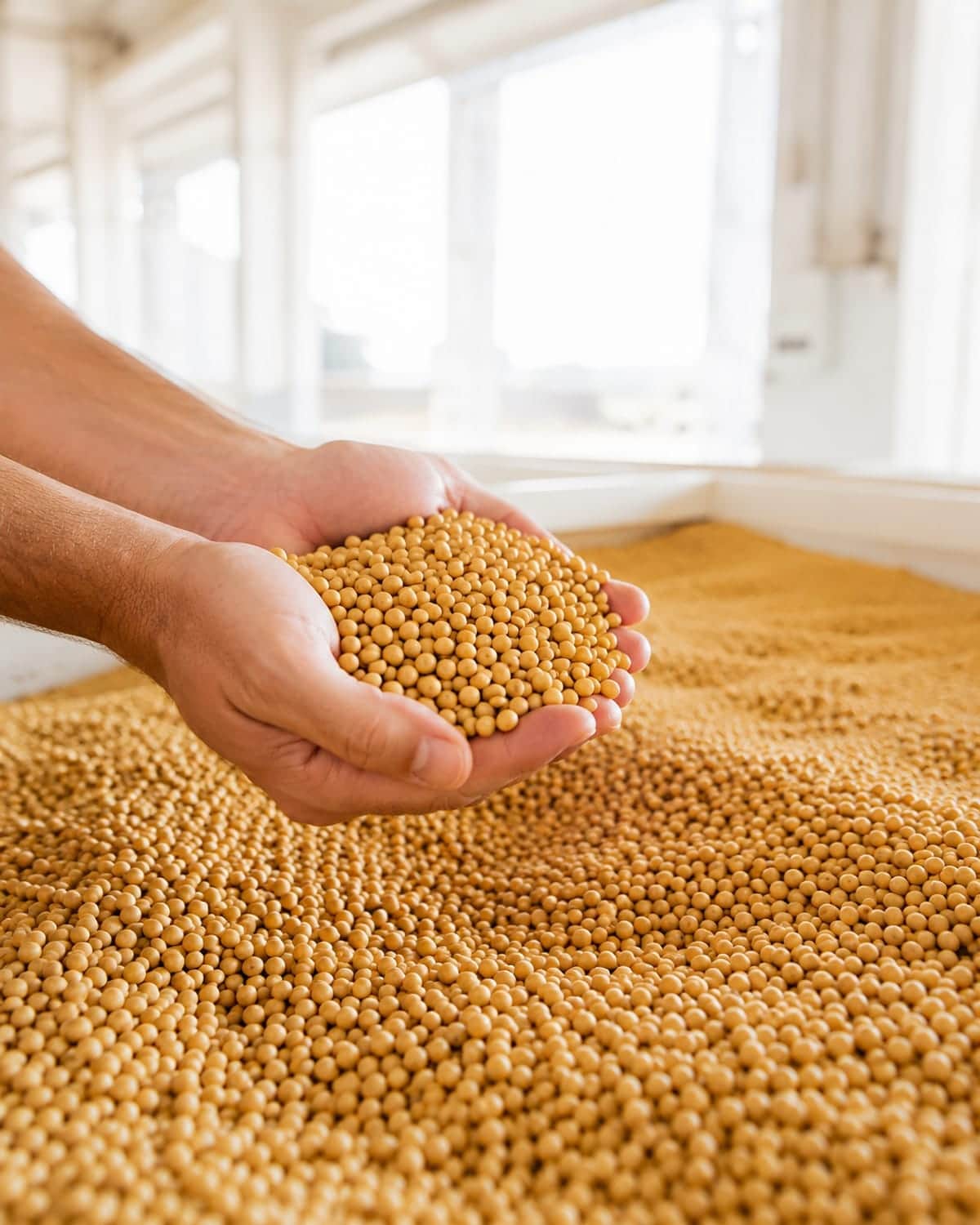 Cupped hands holding golden soybeans at a bright intake station in daylight.
