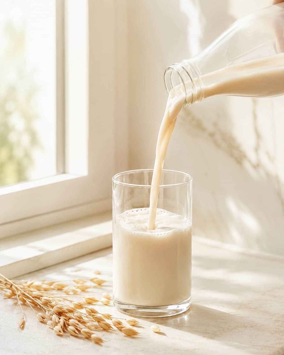 Oat milk pouring into a clear glass on a bright windowsill counter, oat stalks beside it.